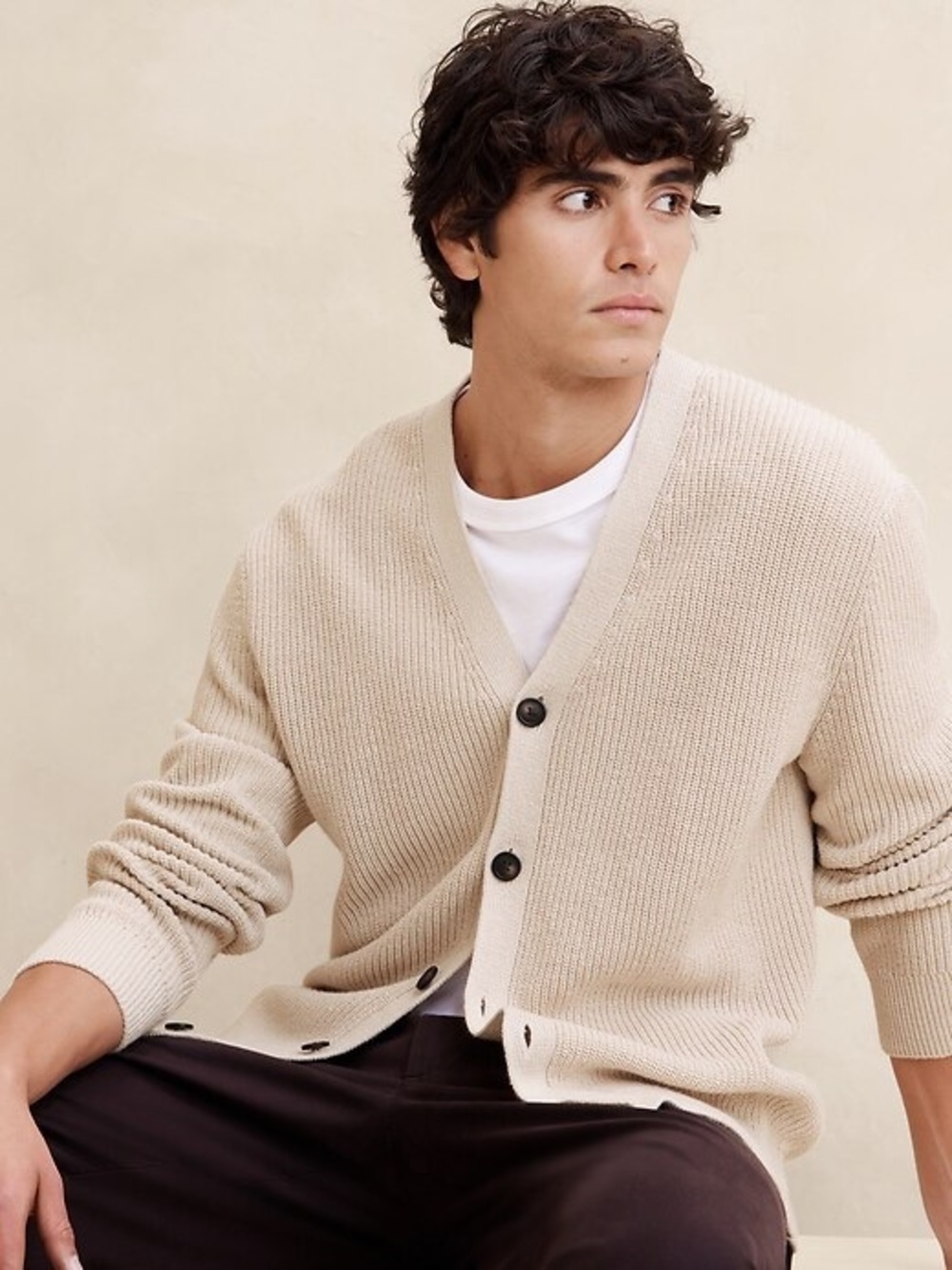Banana Republic Mens Linen Blend Vneck Cardigan Sweater Beige L Academia Preppy